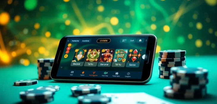 Experience exciting gaming on vvvwin88.live with a smartphone displaying casino games and vibrant ambiance.