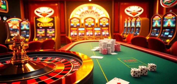 Players enjoying a vibrant casino atmosphere at ee88win.net with roulette, poker tables, and slot machines.