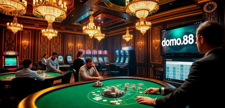 Engage in high-stakes gambling at dom88.us.com with vibrant casino tables and luxury decor.