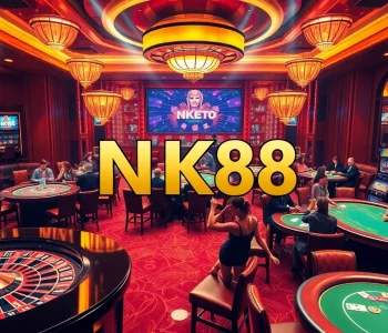 Exciting casino environment featuring roulette and slot machines with Link NK88, showcasing vibrant gambling action.