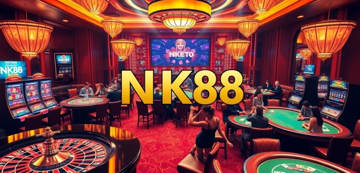 Exciting casino environment featuring roulette and slot machines with Link NK88, showcasing vibrant gambling action.