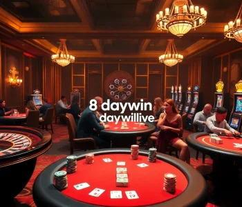 Players enjoying high-stakes gambling at 8daywin.live casino tables with vibrant slot machines.