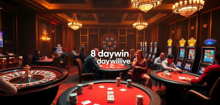 Players enjoying high-stakes gambling at 8daywin.live casino tables with vibrant slot machines.