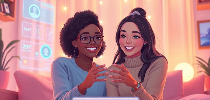 Engaging virtual girlfriend AI experience with a friendly avatar and cozy digital environment.