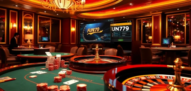 Experience the thrill of FUN79 trang chủ with strategic online gambling at a luxurious casino table.