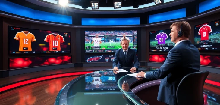 Watch a vibrant sports broadcasting scene featuring an energetic anchor delivering live updates on sports events.