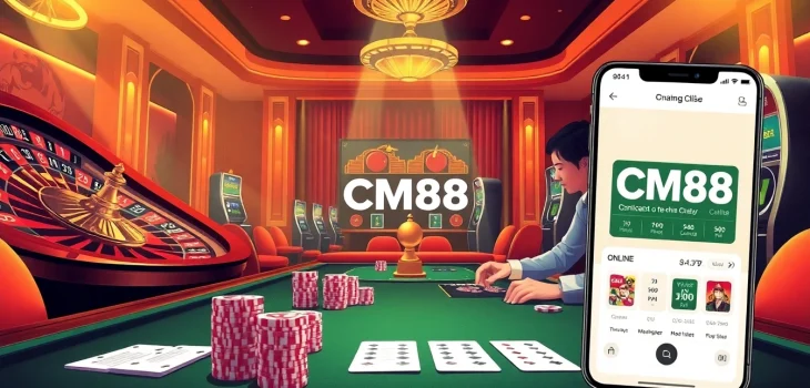 Experience the thrill of CM88 trang chủ with a dynamic online casino scene featuring poker chips and a roulette wheel.