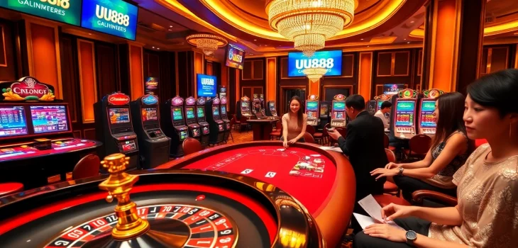 Players enjoying various casino games featuring UU88 amidst vibrant lights and rich decor.