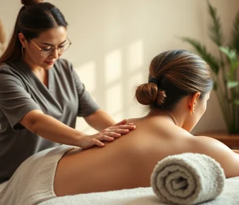 Deep tissue massage session in a serene studio with professional therapist and relaxed client.