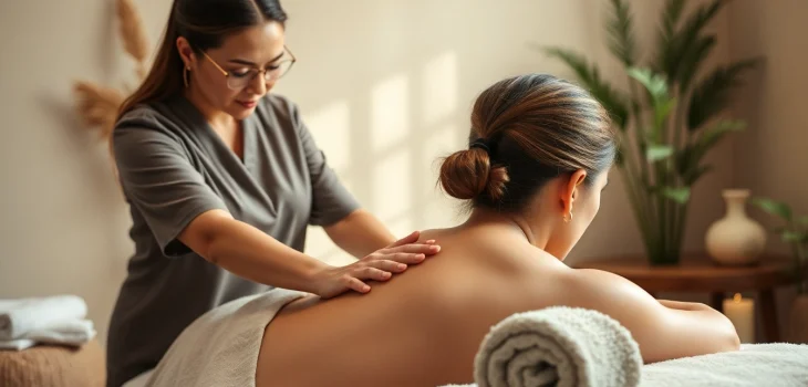 Deep tissue massage session in a serene studio with professional therapist and relaxed client.