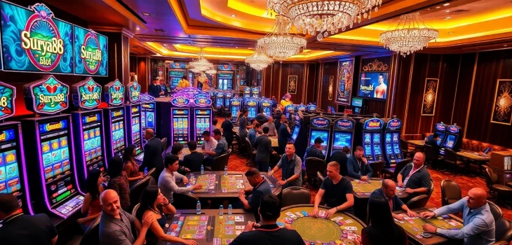 Pemain yang bersemangat menikmati mesin slot surya88 di lantai kasino mewah dengan warna-warna cerah.