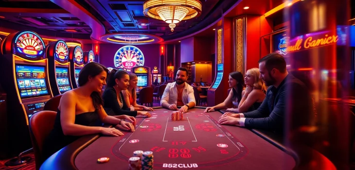 B52 players enjoying a thrilling game at a luxurious casino table with vibrant atmosphere and decor.