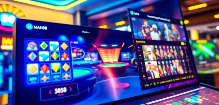 Interactive gaming experience at Man88 with vibrant slots and poker tables.