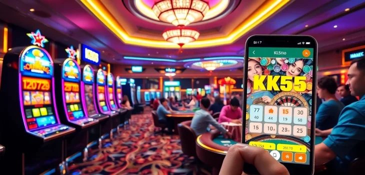 Players enjoying action at KK55 casino with colorful slots and dynamic gaming atmosphere.