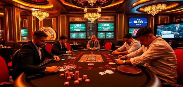 UU88 poker game scene with vibrant chips and cards, capturing high-stakes action.