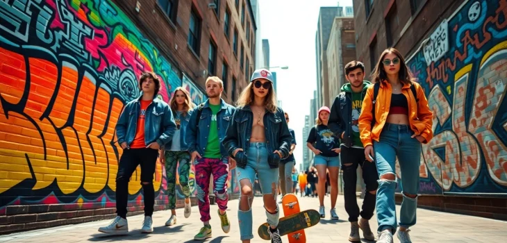 Dynamic streetwear clothes showcased by models in an urban setting, highlighting youth culture.