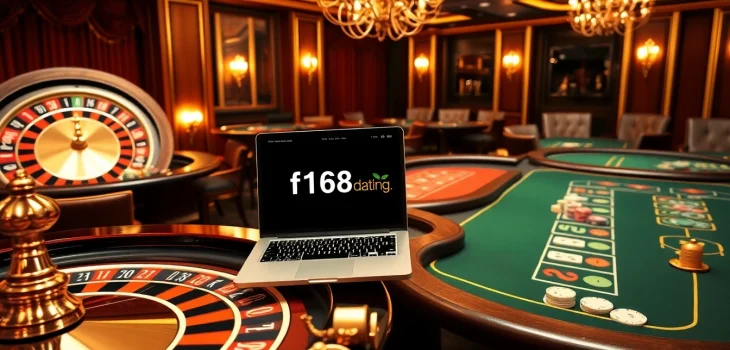 Gambling scene featuring f168.dating with casino tables, roulette wheel, and online betting interface.
